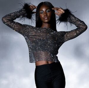 Akira Black Mesh Feather Rhinestone Top | Size Small